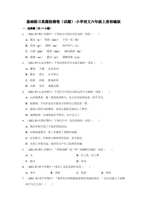 期中基础练习真题检测卷(试题)-部编版语文六年级上册