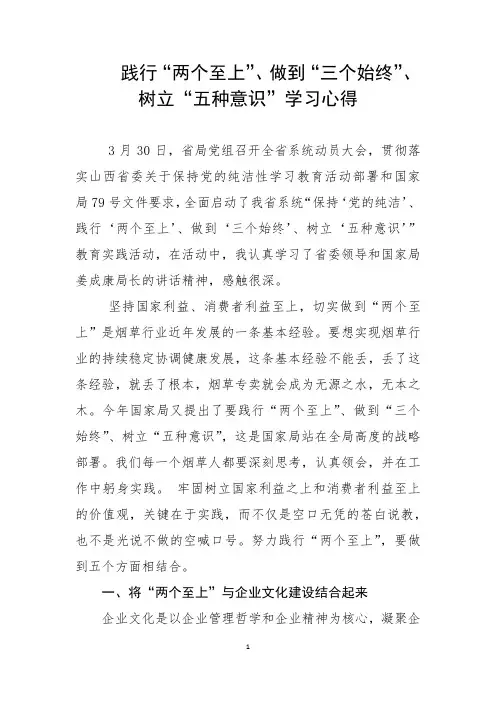 践行“两个至上”、做到“三个始终”、树立“五种意识”学习心得
