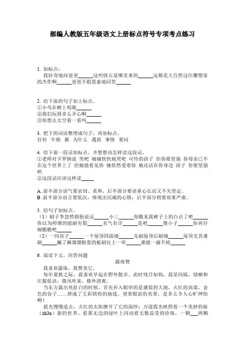 部编人教版五年级语文上册标点符号专项考点练习