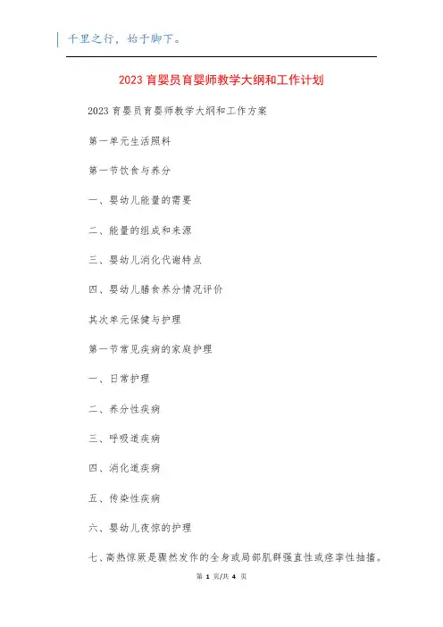 2023育婴员育婴师教学大纲和工作计划