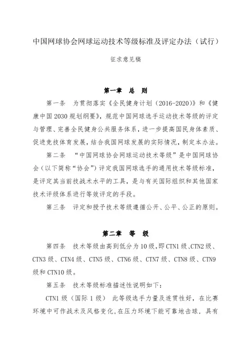 中国网球协会网球运动技术等级标准及评定办法(试行)