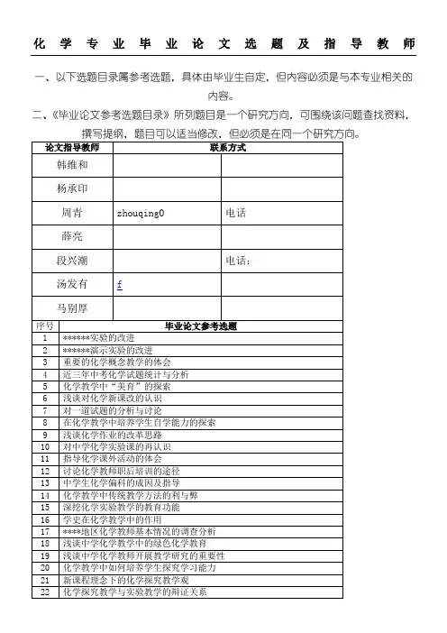 化学专业毕业论文选题及指导教师