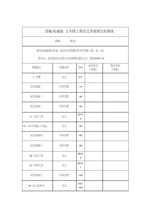 部编版五年级语文上册课文背诵闯关表及必背内容汇总7