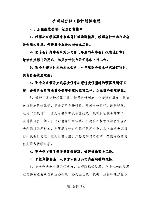 公司财务部工作计划标准版（3篇）