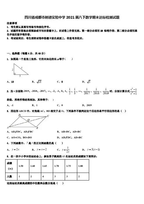 四川省成都市树德实验中学2021届八下数学期末达标检测试题含解析