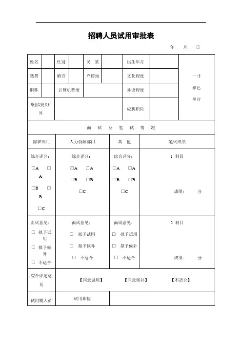 招聘人员试用审批表