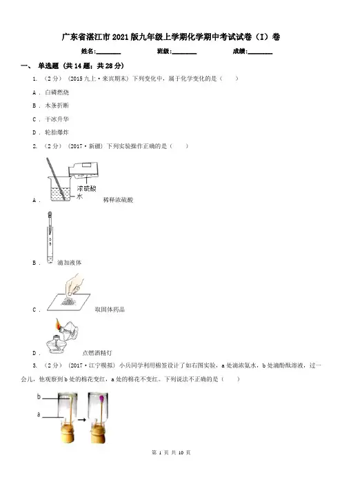 广东省湛江市2021版九年级上学期化学期中考试试卷(I)卷