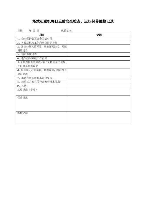 塔式起重机每日班前安全检查、运行保养维修记录