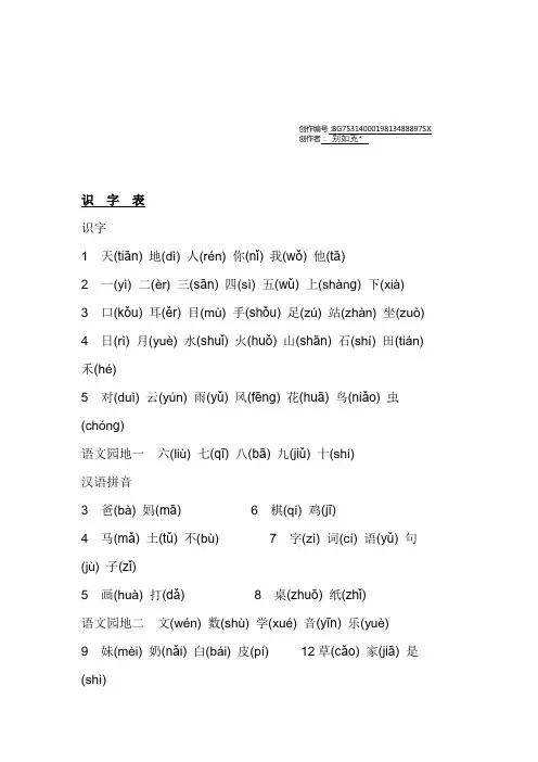 小学一年级语文上册生字表(注音)