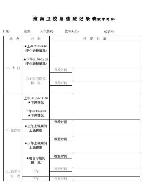 淮 南 卫 校 总 值 班 记 录 表(秋 季 时 间)
