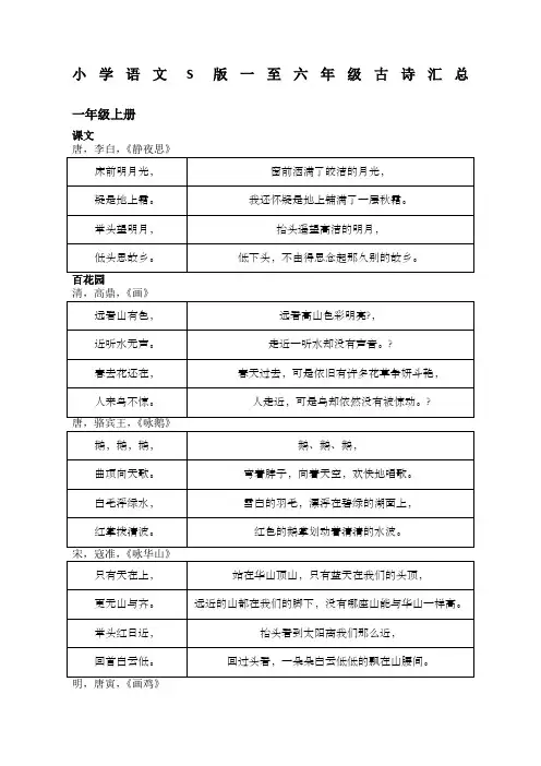小学语文S版一至六年级古诗汇总