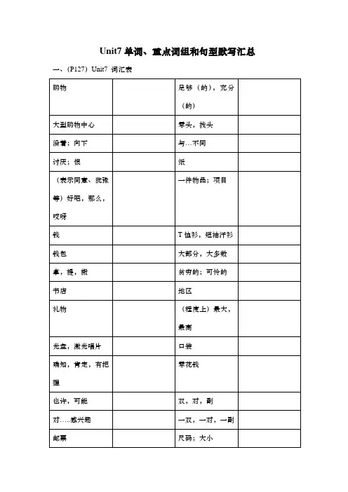 牛津译林版七年级英语上册Unit7单词、重点词组和句型默写汇总