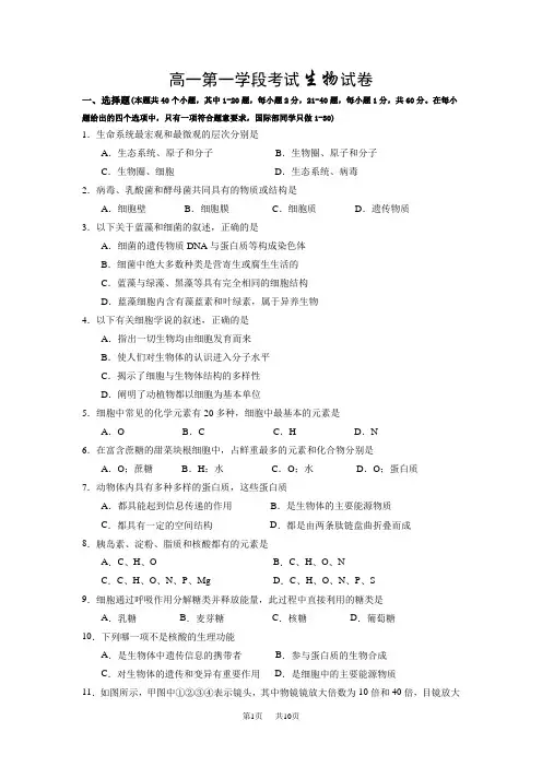 高一上学期期中考试生物试题(含答案)