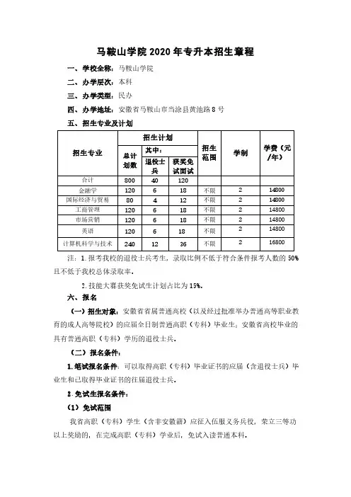 2020年马鞍山学院专升本招生章程
