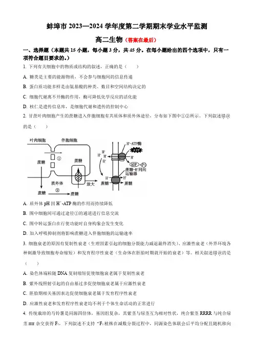 安徽省蚌埠市2023-2024学年高二下学期7月期末考试 生物含答案