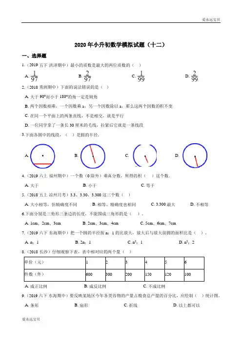 2020年小升初数学模拟试题(十二)(北京版含详细解析)