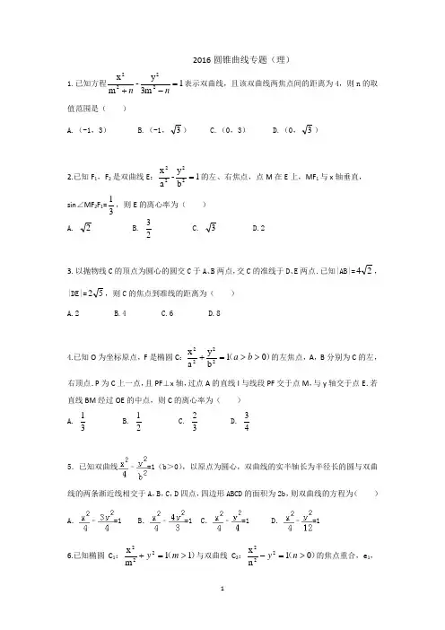 圆锥曲线专题(理科)(2016高考真题分专题复习)