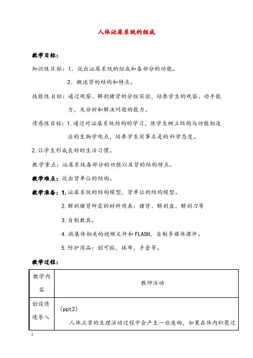 新苏教版生物七年级下册11.1《人体泌尿系统的组成》优秀教案(重点资料).doc
