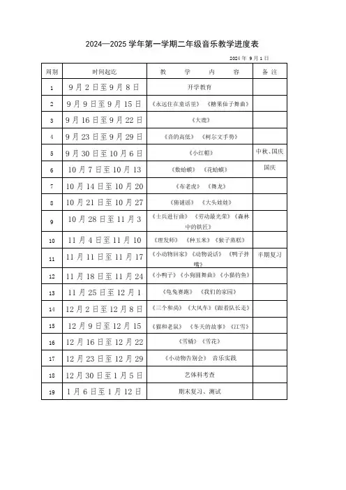 2024-2025学年二年级第一学期音乐教学进度表