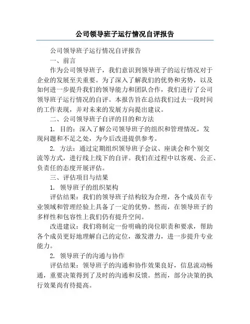 公司领导班子运行情况自评报告