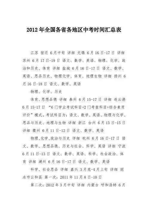 2012年全国各省各地区中考时间汇总表