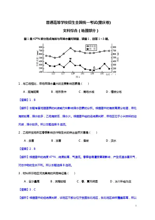 高考真题——文综地理(重庆卷)解析版(2) Word版含答案