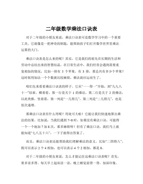 二年级数学乘法口诀表