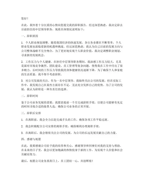 中层领导职务辞职报告