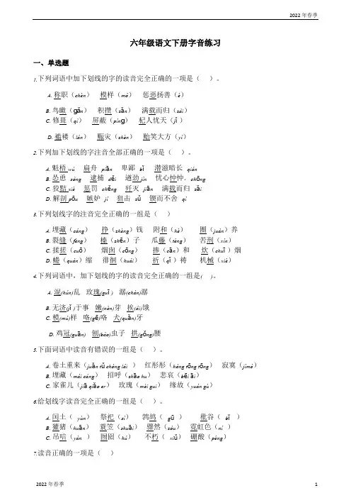 部编版六年级语文下册字音练习(含答案)