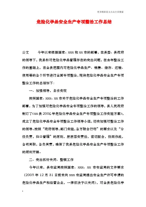 危险化学品安全生产专项整治工作总结