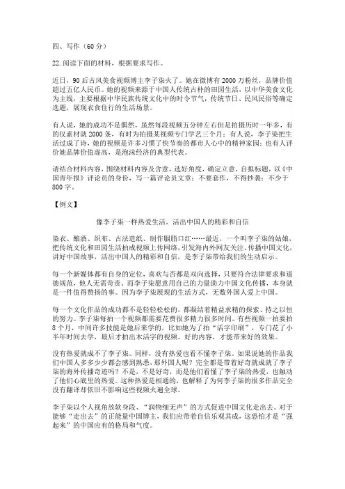 高考模拟语文试卷作文李子柒解析一例