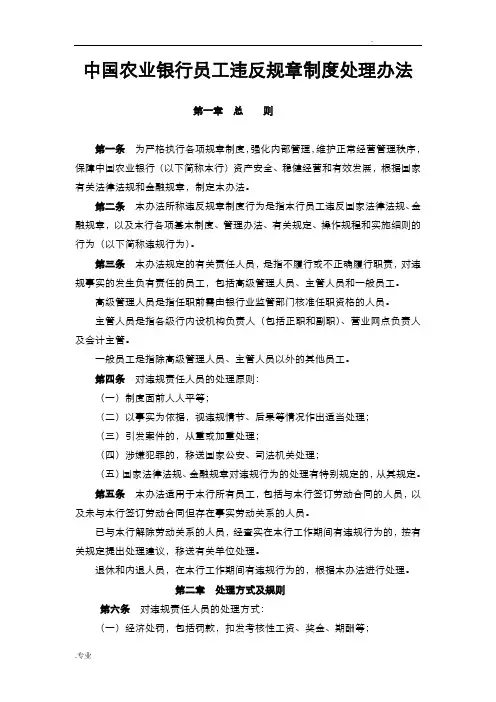 农业银行员工违反规章制度处理办法