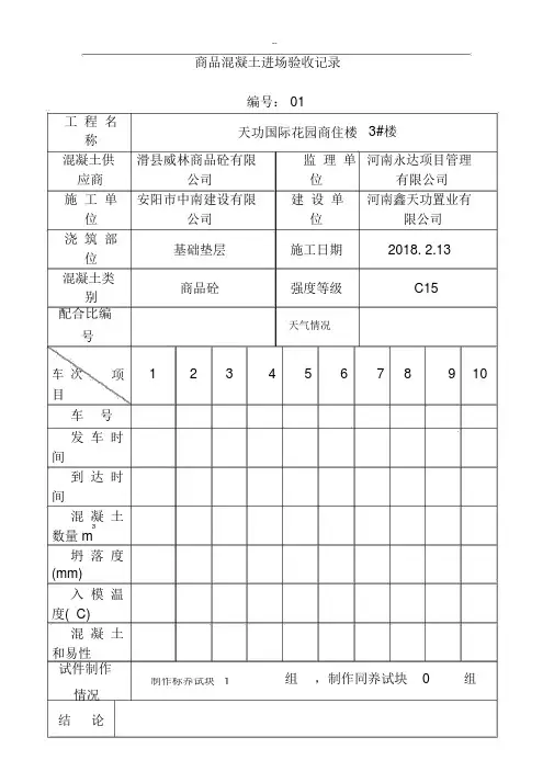 商品混凝土进场验收记录范文.docx