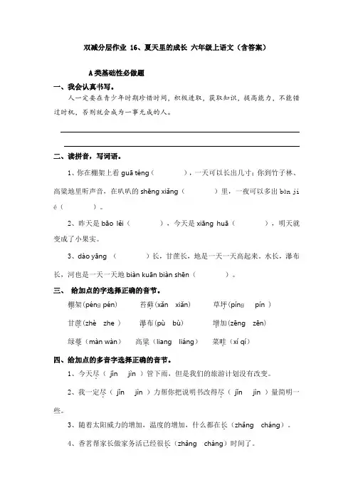 双减分层作业 16、夏天里的成长 六年级上语文(含答案)