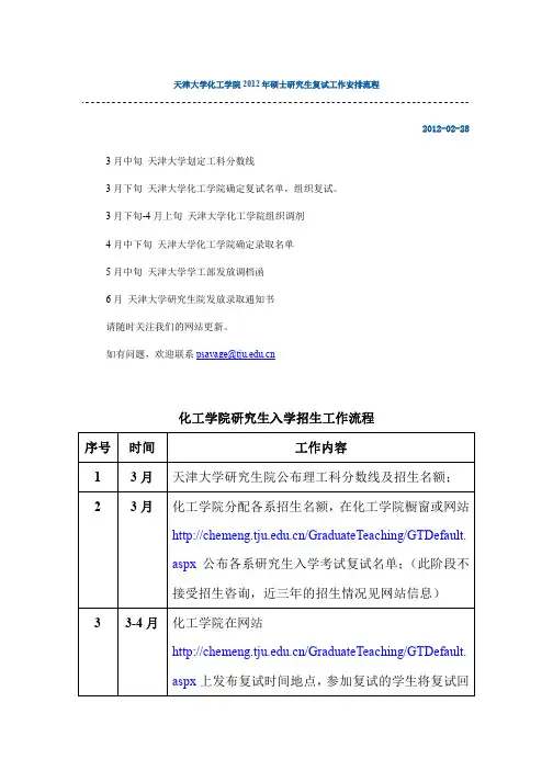 天津大学化工学院2012年硕士研究生复试工作安排流程