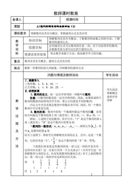 人教版高中数学全套教案导学案1.数列概念教案1