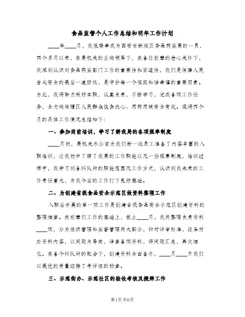 食品监管个人工作总结和明年工作计划（2篇）