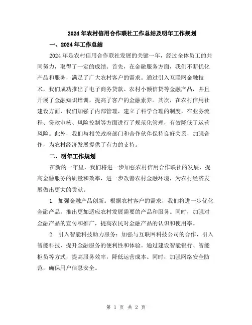 2024年农村信用合作联社工作总结及明年工作规划