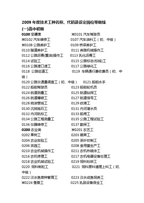 2009年度技术工种名称-代码及设定岗位等级线
