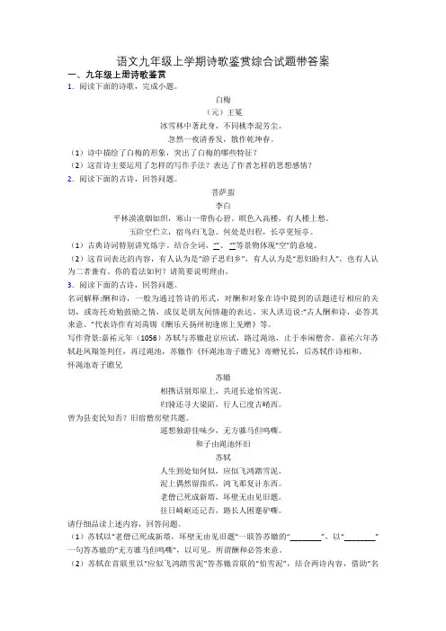 语文九年级上学期诗歌鉴赏综合试题带答案