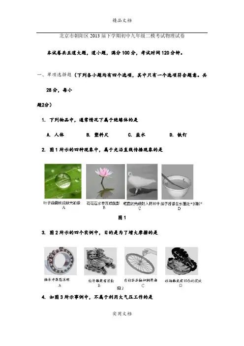 北京市朝阳区2013届下学期初中九年级二模考试物理试卷