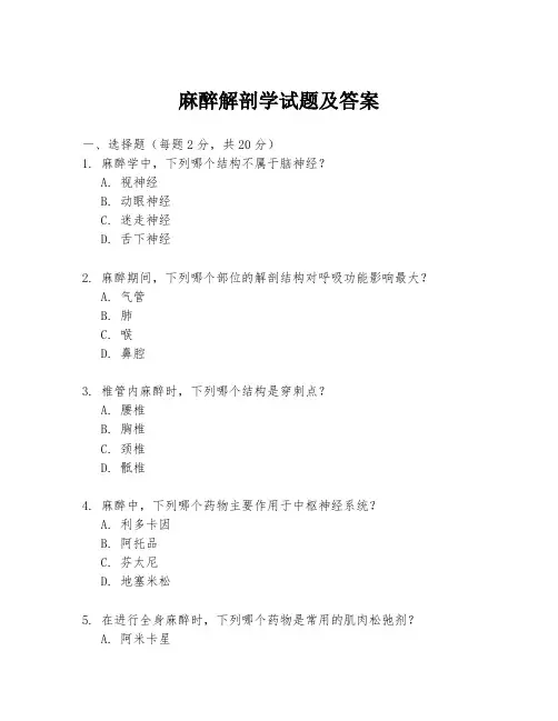 麻醉解剖学试题及答案