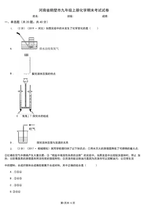 河南省鹤壁市九年级上册化学期末考试试卷