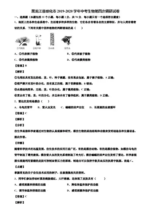 黑龙江省绥化市2019-2020学年中考生物第四次调研试卷含解析