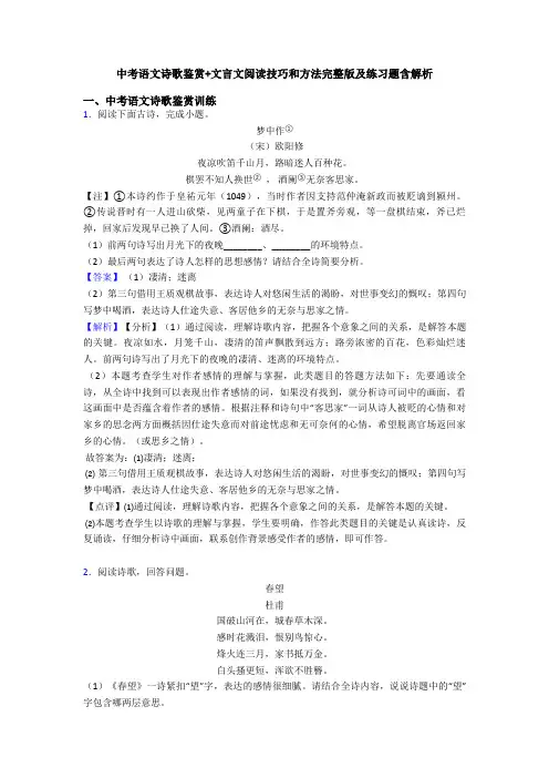 中考语文诗歌鉴赏+文言文阅读技巧和方法完整版及练习题含解析