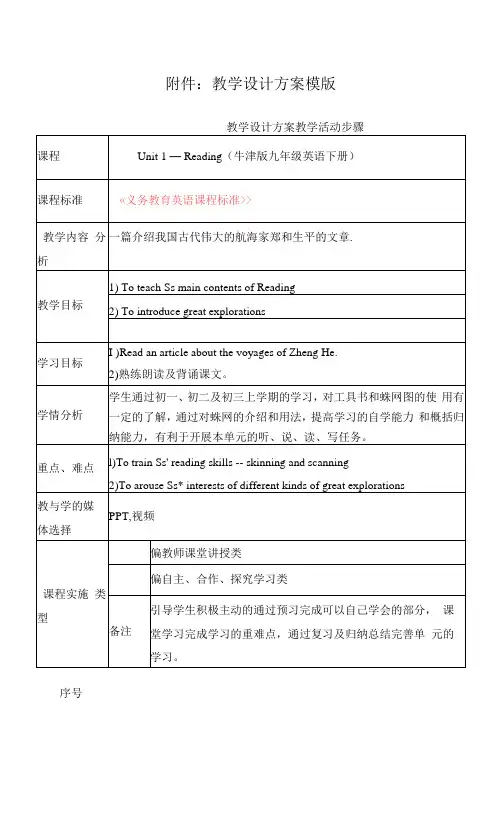 英语 Unit1---Reading(牛津版九年级英语下册) 教学设计