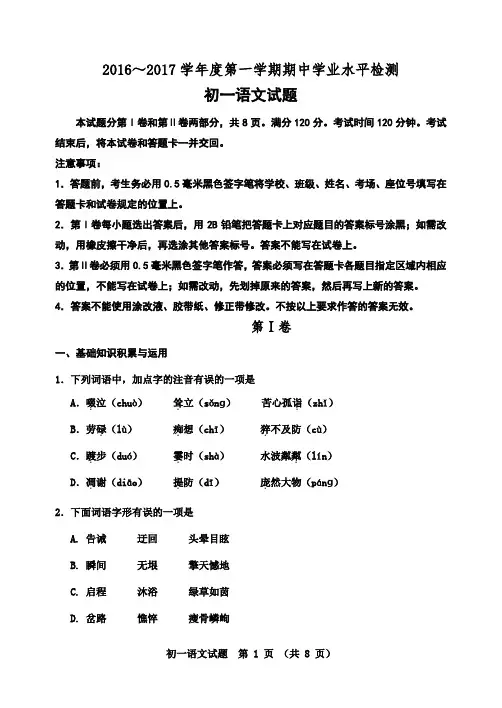 16-17上期中语文试题(初一)