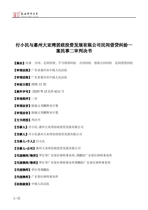 付小民与惠州大亚湾居政投资发展有限公司民间借贷纠纷一案民事二审判决书