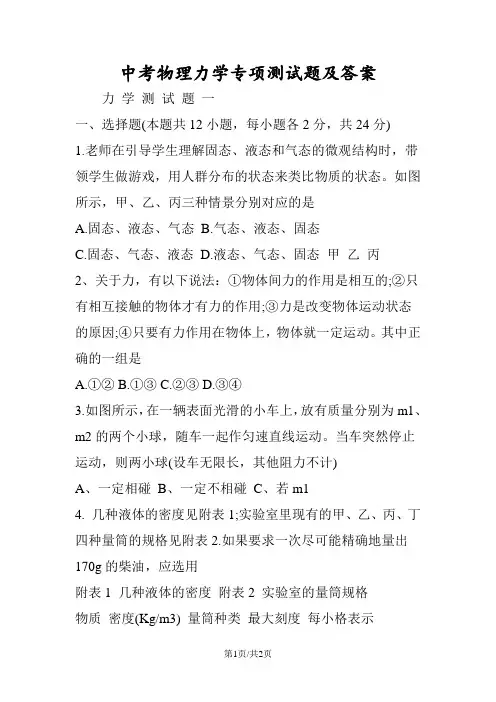 中考物理力学专项测试题及答案