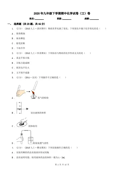 2020年九年级下学期期中化学试卷(II)卷